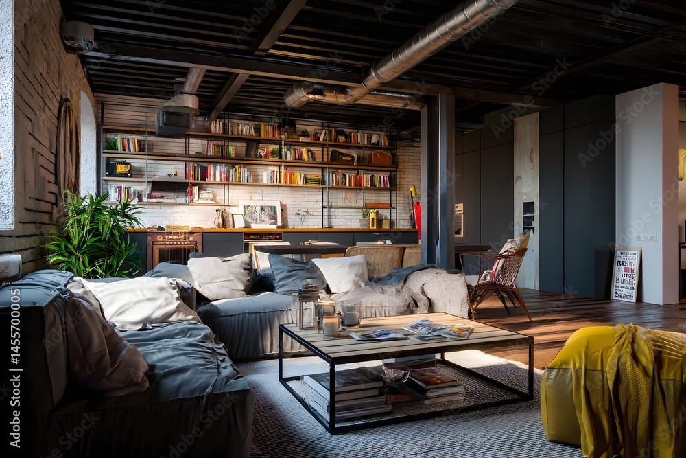 Fototapeta premium An Aesthetic Interior Design Concept Style Depicting a Cozy Living Room with Bookshelves and Comfortable Furnishings in a Modern Home