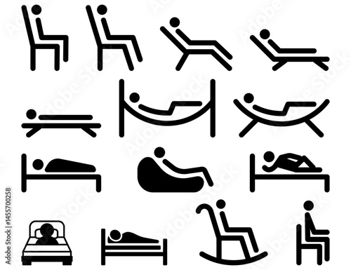 A Wide Variety of Relaxation Positions and Furniture Icons Featuring Different Styles and Uses