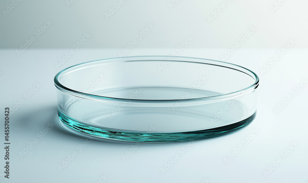 Clear glass petri dish on smooth surface with subtle reflections and shadows. Clear glass petri dish on smooth surface with subtle reflections and shadows.