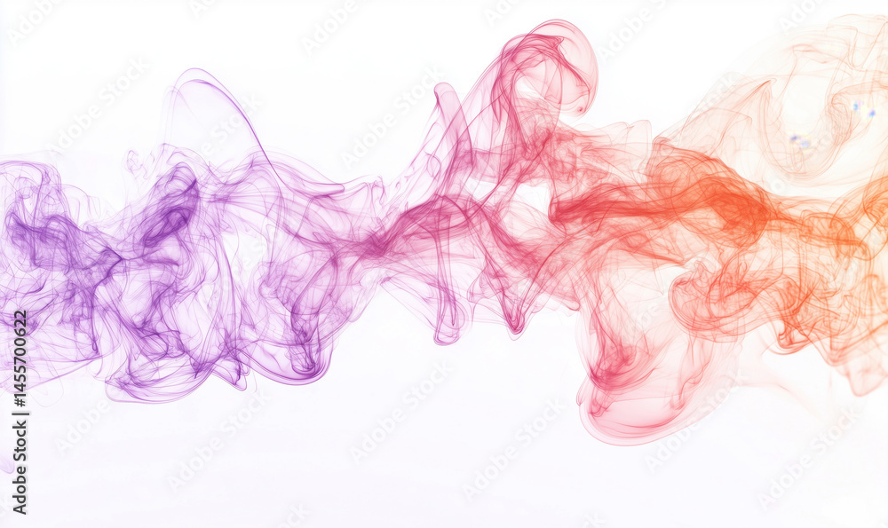 Fototapeta premium Colorful abstract smoke waves in purple, pink, and orange hues on white background.
