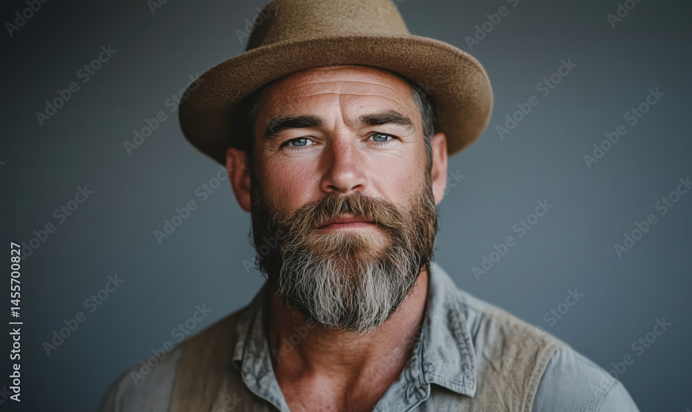 Portrait of a bearded man wearing a hat with a neutral background. Portrait of a bearded man wearing a hat with a neutral background.