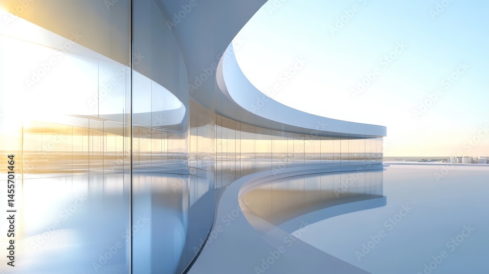 Fototapeta premium Modern Architectural Design Features Smooth Curves and Large Glass Panels Under a Bright Sun at a Residential Building in a Clear Blue Sky