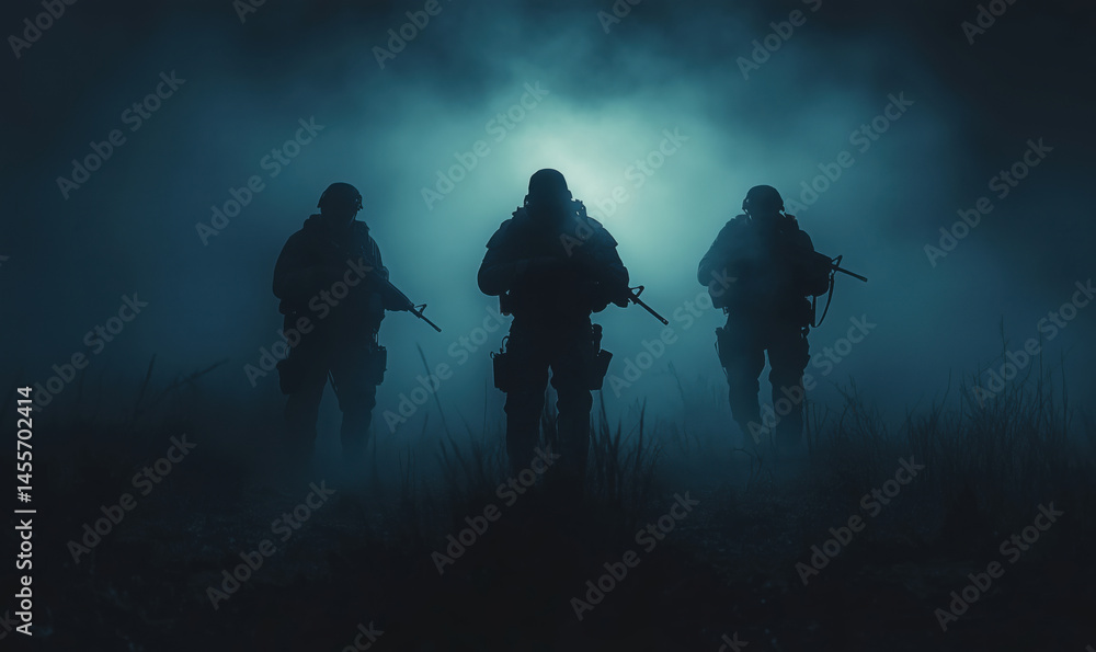 Fototapeta premium Silhouetted soldiers in foggy night scene with tactical gear and weapons.