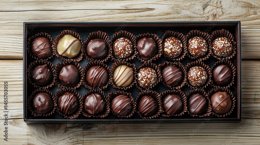 Obraz premium Chocolate almond truffle delight Delicious assorted chocolates in a decorative box on wooden surface.