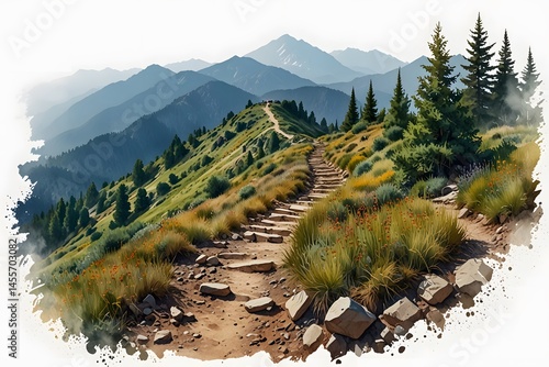 Mountain trail with switchbacks climbing up a hillside in watercolor style