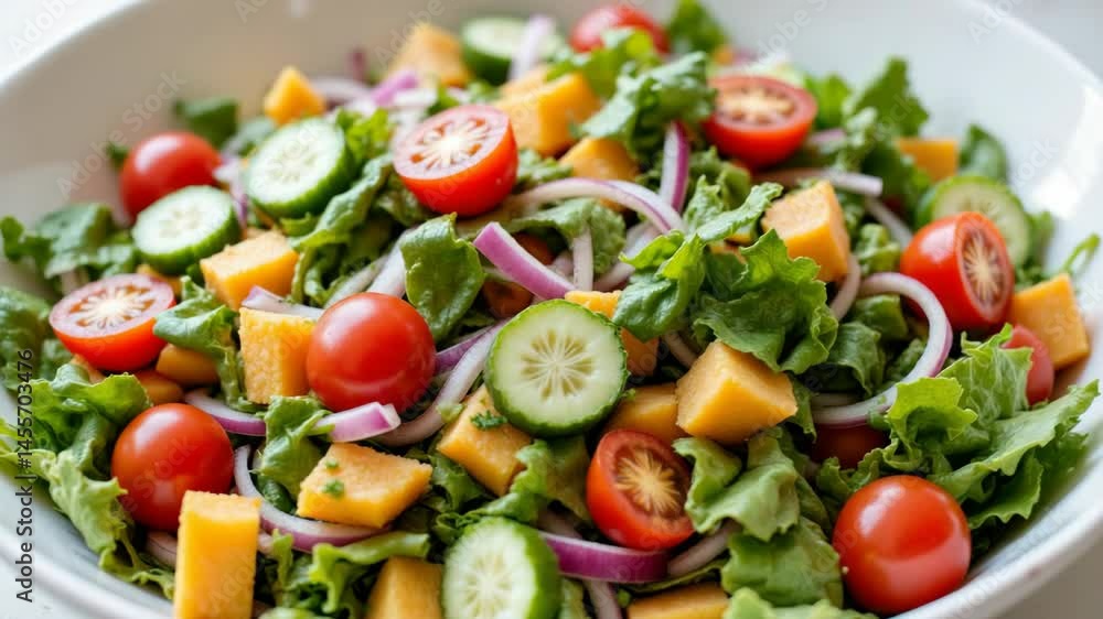 A fresh garden salad with lettuce, cherry tomatoes, cucumbers, red onions, and cheddar cheese cubes in a white bowl. A fresh garden salad with lettuce, cherry tomatoes, cucumbers, red onions, and cheddar cheese cubes in a white bowl.