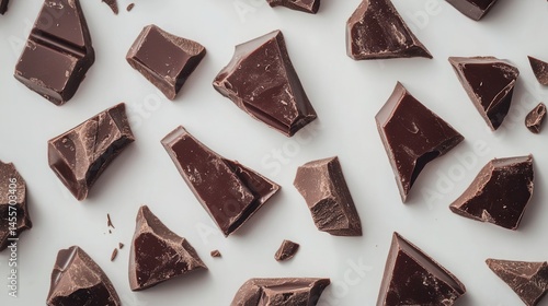 Delicious dark chocolate chunks scattered on a clean white surface for a sweet treat background