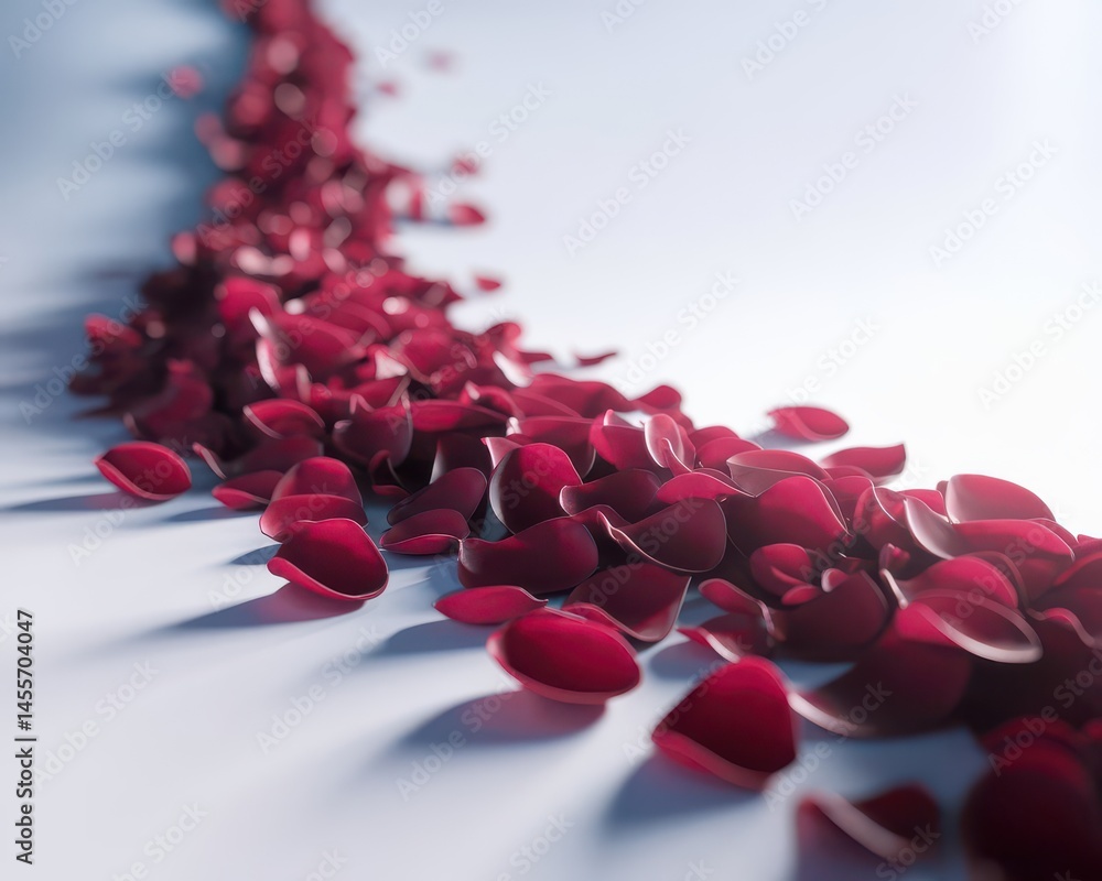 Scattered Crimson Rose Petals on a Soft White Background: A Romantic Path of Delicate Blooms Scattered Crimson Rose Petals on a Soft White Background: A Romantic Path of Delicate Blooms