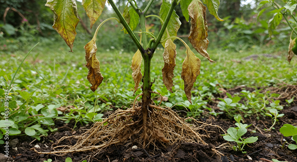 Obraz premium Wilted Pepper Plant with Bacterial Infection in Roots – Root Pathogen Visualization