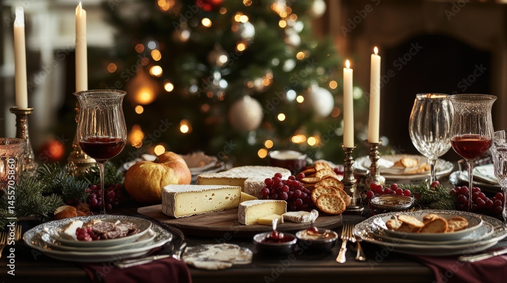Fototapeta premium Festive Christmas dinner table setting with cheese, wine, and appetizers.
