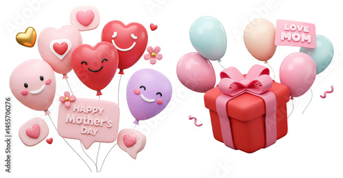 3d Happy Mother's Day message with heart-shaped colorful balloons with smiling faces and red gift box with balloons and Love Mom sign isolated on transparent background, PNG file add