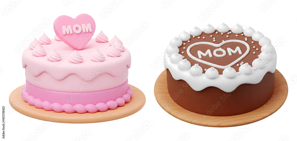 3d pink cake with the word MOM on a heart and pink frosting swirls and chocolate cake with the word MOM in a heart and white frosting swirls isolated on transparent background, PNG file add 3d pink cake with the word MOM on a heart and pink frosting swirls and chocolate cake with the word MOM in a heart and white frosting swirls isolated on transparent background, PNG file add