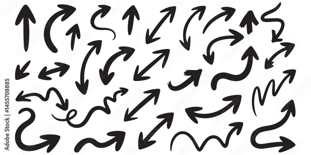 Hand drawn arrow vector icons set. Sketch arrow design for business plan and education. Set of arrows black icons. Hand drawn arrow vector icons set. Sketch arrow design for business plan and education. Set of arrows black icons.