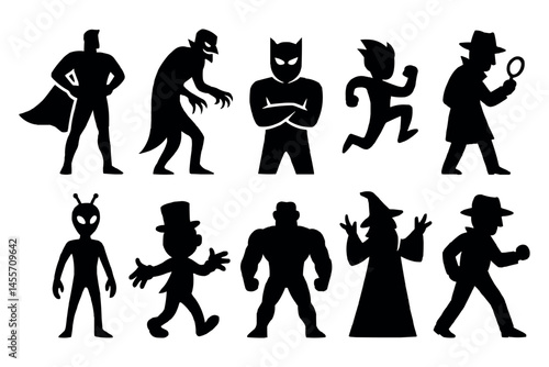 Superhero Villain Character Silhouettes Icons Fantasy Detective Monster Alien Wizard