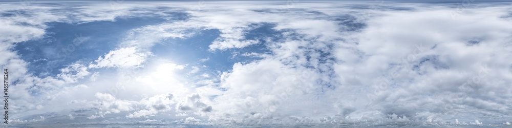 Fototapeta premium Spherical panorama of cloudy sky with sun shining through clouds