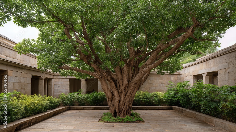 A majestic peepal tree stands tall in an ancient stone courtyard, its broad canopy and sacred presence evoking peace and reverence.
A majestic peepal tree stands tall in an ancient stone courtyard, its broad canopy and sacred presence evoking peace and reverence.