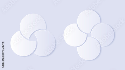 Overlapping circles infographic pie chart divided into 3 or 4 parts. Abstract geometric design