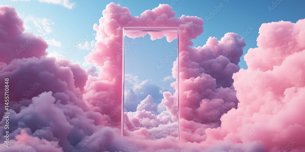 Dreamy portal in pink clouds with blue sky and soft light.