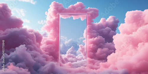 Obraz na płótnie Dreamy portal in pink clouds with blue sky and soft light. w salonie