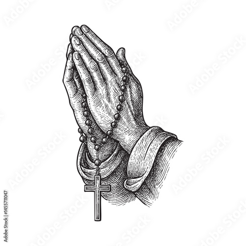Praying hands holding rosary beads woodcut engraving vector illustration