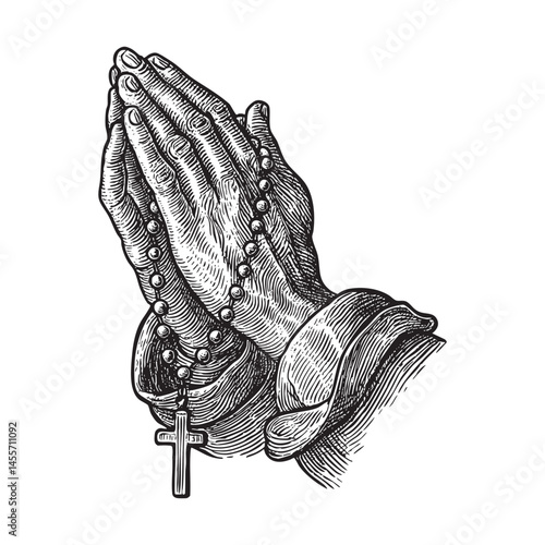 Praying hands holding rosary beads woodcut engraving vector illustration