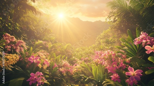 Tropical rainforest sunset with colorful flowers