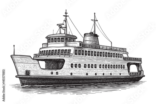 Ferry ship woodcut engraving vector illustration