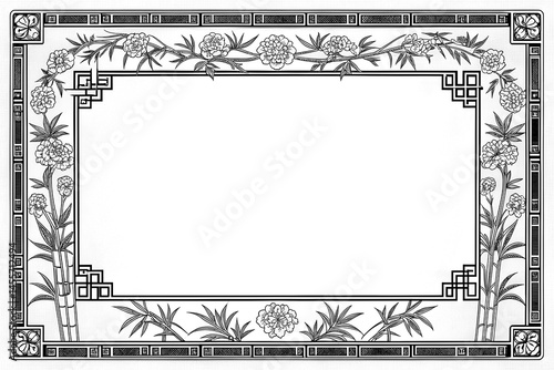 Elegant Chinese Classical Border Design with Bamboo, Peony, and Mythical Creatures in Ink-Wash Style