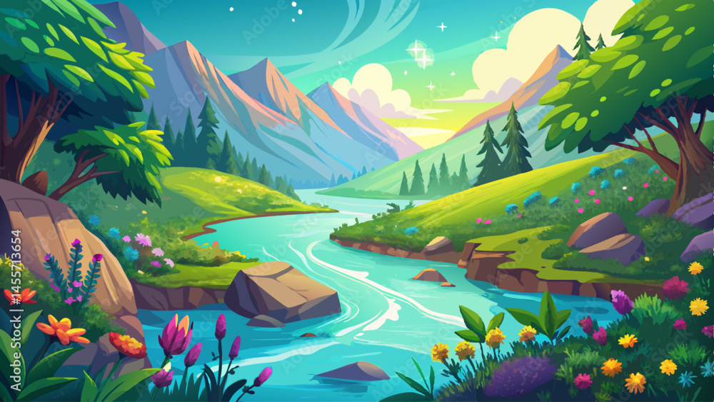 Fototapeta premium The vibrant emerald river sparkles under the midday sun, framed by wildflowers