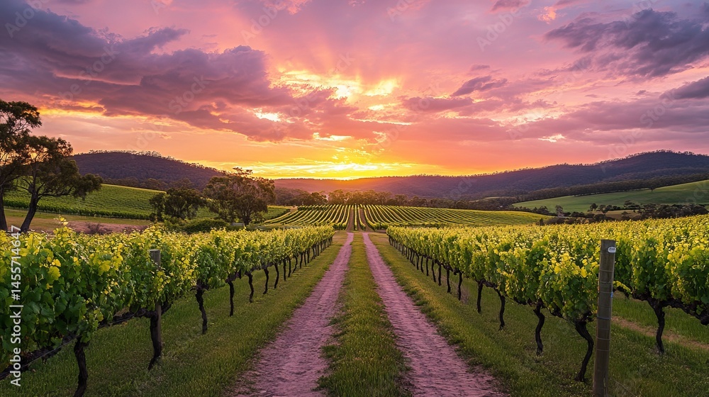 Fototapeta premium Sunset Over Vineyard Road With Lush Grapevines Lining the Path in a Serene Countryside Landscape