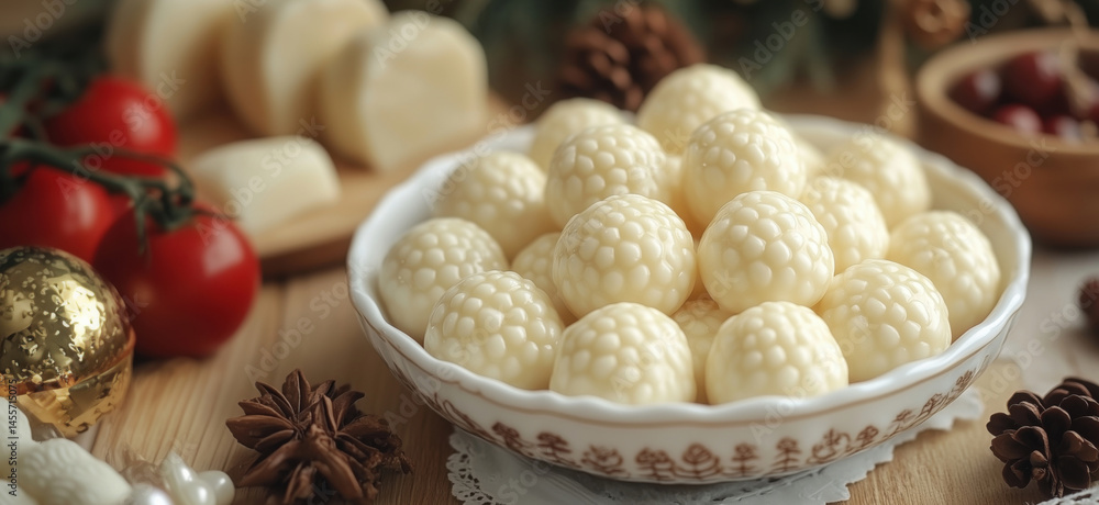 Delicious white chocolate truffles arranged in decorative bowl with festive decorations. Delicious white chocolate truffles arranged in decorative bowl with festive decorations.