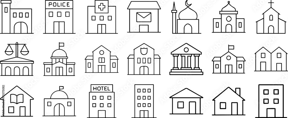 Building Line Editable Icons Set – Line Vector Illustration in Modern Thin Style of Residential, Public, and Institutional Structures like Condo, School, Church, and Government Buildings Building Line Editable Icons Set – Line Vector Illustration in Modern Thin Style of Residential, Public, and Institutional Structures like Condo, School, Church, and Government Buildings