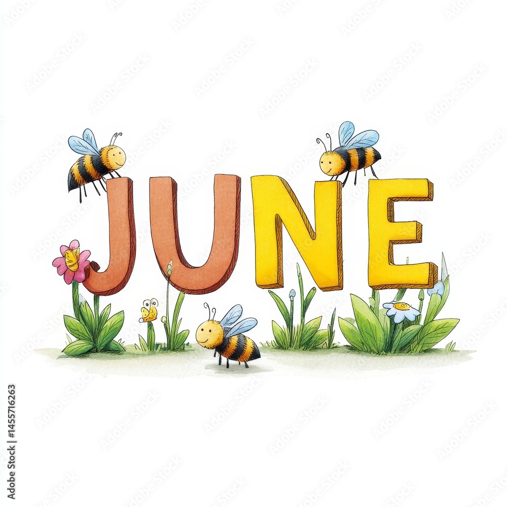 Fototapeta premium Cheerful bees and flowers surrounding the colorful june letters