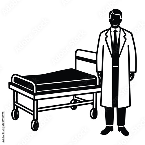 doctor standing next to hospital bed vector on white background.