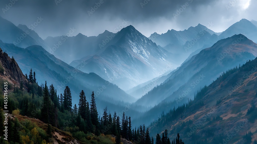 Obraz premium Misty mountain range landscape with pine trees