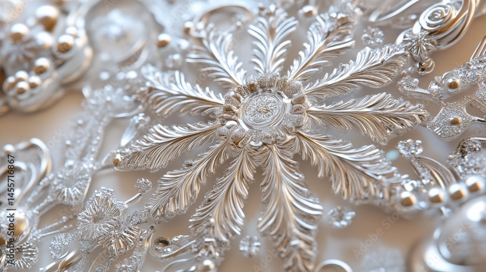 Ornate silver snowflake ornament design on a light background. Ornate silver snowflake ornament design on a light background.