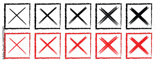  X cross symbol, black grunge X icon and red grunge X icon. Cross marks wrong X set. cross sign in red color, Cross brush signs. 