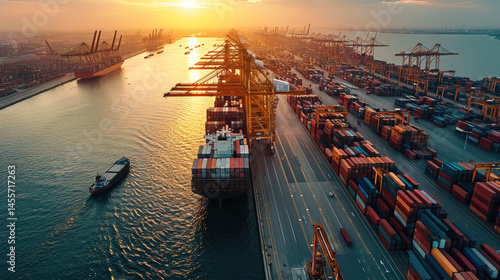 Aerial view seaport shipping container cargo ship industrial port sunset transportation logistics water dock. Busy seaport sunset with cargo ships containers and cranes highlighting global trade