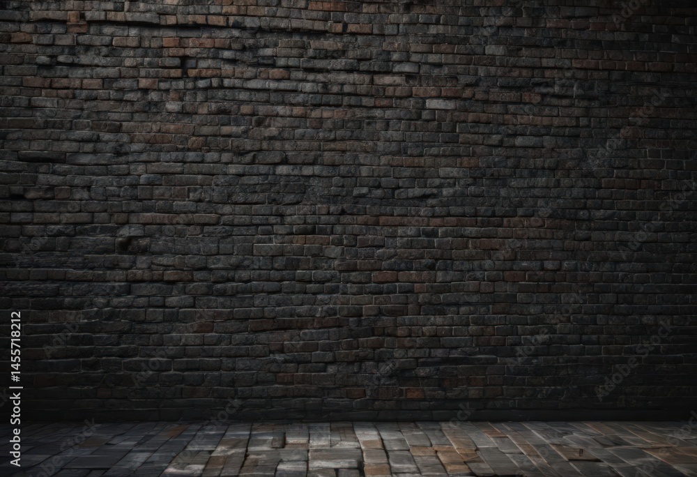 Fototapeta premium Deep shadows, uneven brickwork, textured black grunge wall , contrast, brick