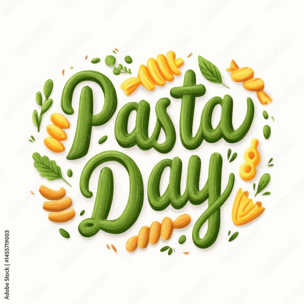 Naklejka premium Creative pasta day design with green lettering and colorful noodles