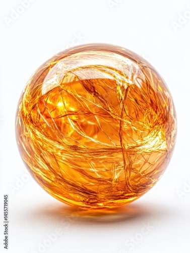Golden Sphere with Intricate Filament Details on a Clean White Background Studio Shot