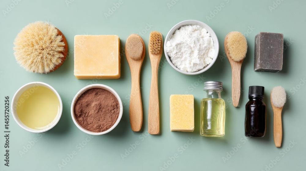 Neatly arranged assortment of organic soap bars, wooden brushes, and natural oils on a soft mint green background, providing ample space for text or design elements Neatly arranged assortment of organic soap bars, wooden brushes, and natural oils on a soft mint green background, providing ample space for text or design elements