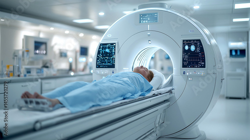 Senior patient is doing MRI scan in medical examination room in the hospital radiology center.