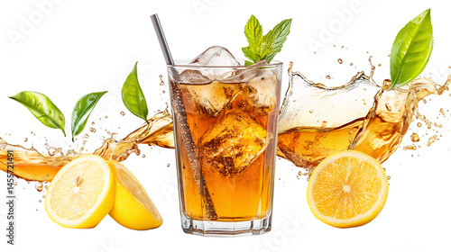 Relax with a refreshing lemon-mint iced drink, PNG, created with Generative AI