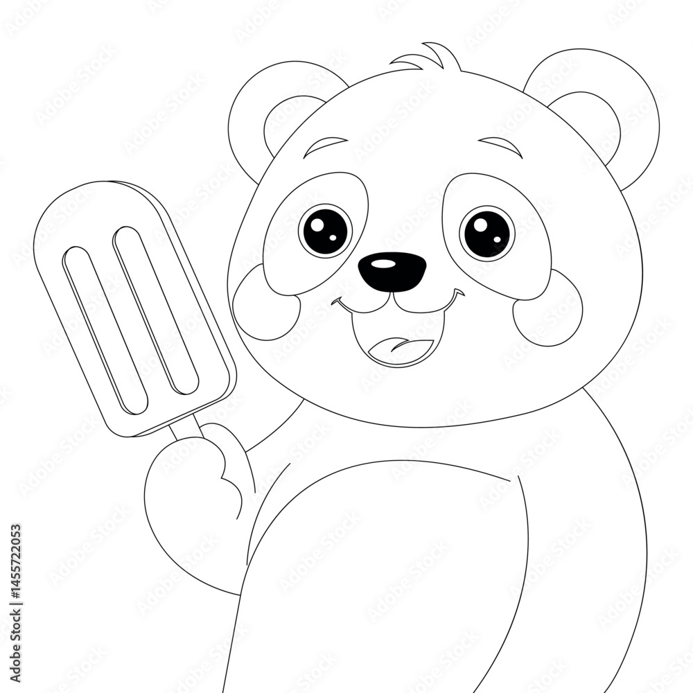 Black and white vector coloring page with cute cartoon panda holding ice cream. Fun printable activity for kids, preschool, or classroom. Outline drawing for coloring book.