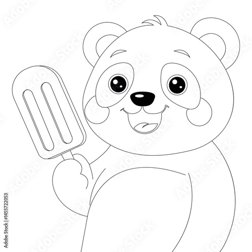 Obraz na płótnie Black and white vector coloring page with cute cartoon panda holding ice cream. Fun printable activity for kids, preschool, or classroom. Outline drawing for coloring book. w salonie