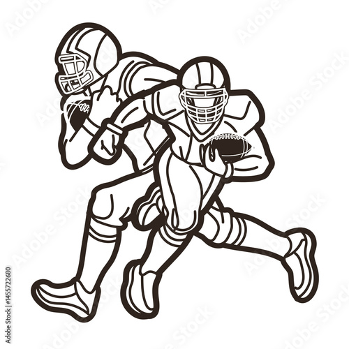 Outline American Football Players Mix Action Cartoon Sport Graphic Vector