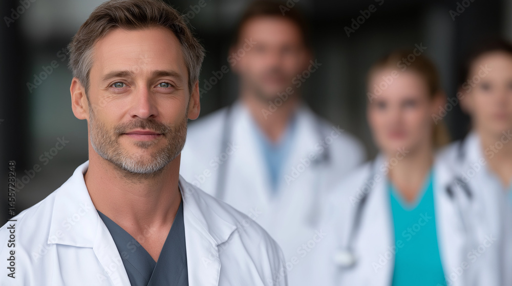 Confident Male Doctor with Medical Team Standing Together in Hospital Corridor – Symbol of Teamwork and Dedication, medical team, hospital staff, doctors and nurses, healthcare professionals, teamwork Confident Male Doctor with Medical Team Standing Together in Hospital Corridor – Symbol of Teamwork and Dedication, medical team, hospital staff, doctors and nurses, healthcare professionals, teamwork