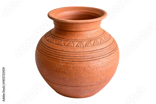 Ancient brown earthenware pot, a handmade clay object isolated on white