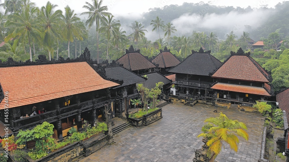 Mystical Village Landscape View with Lush Tropical Vegetation and Traditional Balinese Architecture Under a Soft Rainy Sky Ambiance Mystical Village Landscape View with Lush Tropical Vegetation and Traditional Balinese Architecture Under a Soft Rainy Sky Ambiance
